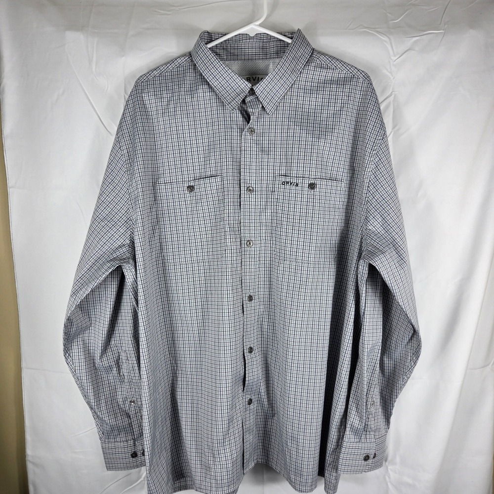 Orvis Mens XXL Gray Micro Check Long Sleeve Performance Button Down Shirt Vent